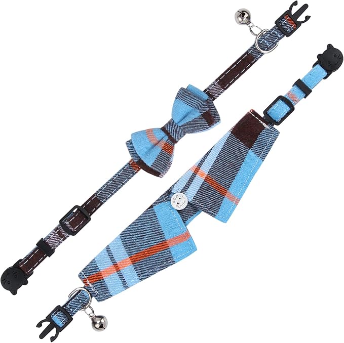 Faleela 2 Pack/Set Cat Collar with Cute Bow Tie and Bell,Breakaway Plaid Shirt Collar for Kitty Adjustable Safety