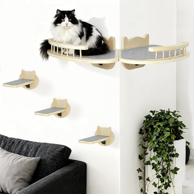 Cat Wall Shelves Furniture Set with Scratching Pad，Wooden Cat Climbing Wall Systems with 2 Perches and 3 Steps, Floating Shelves Bed Wall Mounted for Indoor Fit Up to 15Lbs (Burlywood)