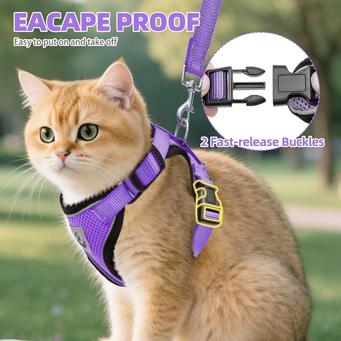 PUPTECK Cat Harness and Leash Set Escape Proof Reflective Cat Walking Harness Adjustable Soft Breathable Mesh Vest for Small Pets, Purple, S