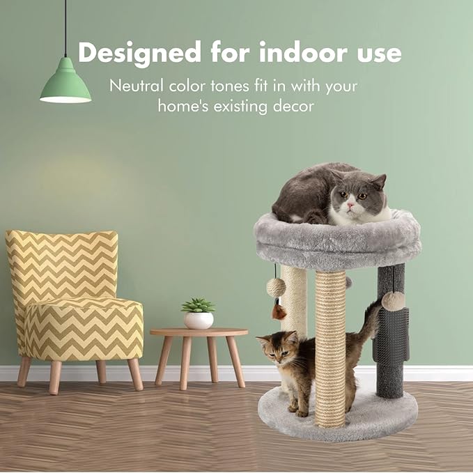 MECOOL 4in1 Small Cat Tree,Scratching Post with Tower Soft Bed, Sisal Carpet Jute Posts with Three Hanging Ball Toys and Massage Brush for Indoor Cats and Kittens