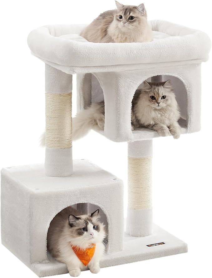Feandrea Cat Tree, 33.1-Inch Cat Tower, Plush Condo for Large Cats up to 16 lb, Large Perch, 2 Caves, Scratching Post, Cream White UPCT061T01
