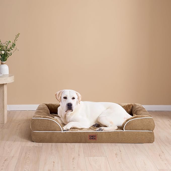 EHEYCIGA Orthopedic Dog Beds for Extra Large Dogs, Waterproof Memory Foam XL Dog Bed with Sides, Non-Slip Bottom and Egg-Crate Foam Big Pet Couch Bed with Washable Removable Cover, Camel