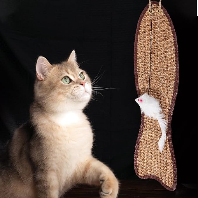 Garneck Hanging Cat Scratcher for Door Knobs - Fish Shaped Sisal Cat Scratch Pad - Ideal for Indoor Pet Promotes Healthy Clawing and Play 20.83X5.23 inch Random Colors