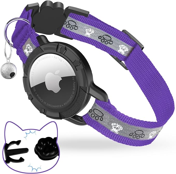 Breakaway AirTag Cat Collar, Reflective Cat Tracker Collar with Air Tag Holder and Bell, Safety Elastic Band Cat GPS Collars for Girl Boy Cats, Kittens and Puppies (Purple, 8-13'')