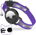 Breakaway AirTag Cat Collar, Reflective Cat Tracker Collar with Air Tag Holder and Bell, Safety Elastic Band Cat GPS Collars for Girl Boy Cats, Kittens and Puppies (Purple, 8-13'')