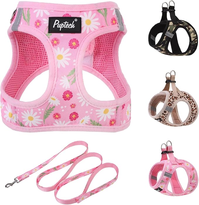 PUPTECK Dog Harness and Leash Set for Small Medium Dogs No Pull Step-in Soft Mesh Puppy Cat Vest Harnesses Reflective at Night, Pink Floral, S