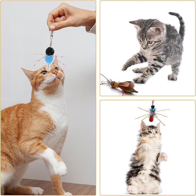 Cat Insect Feather Toys Replacement Cat Toy Wand Refills, 6 Pieces Natural Insect Cat Toy Feathers Refill, Interactive Cat Teaser Wand Attachments, with Bell(Style 8)