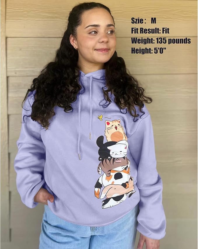 Tuislay Cute Cat Graphic Hoodies for Teen Girls Kawaii Cartoon Printed Hoodie Women Anime Print Hooded Sweatshirt Pullover