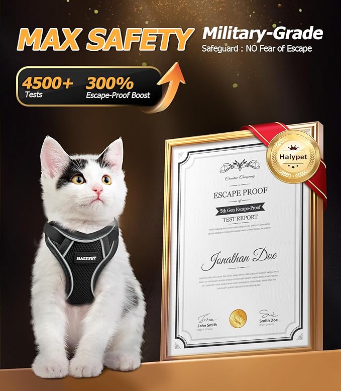 Halypet Cat Harness and Leash Set [MAX Safety 4th-Gen Upgrade] Escape Proof Adjustable Cat Leash Comfortable Soft Vest Easy to Wear Kitten Harness with Reflective Strip for Cats Walking, XS Black