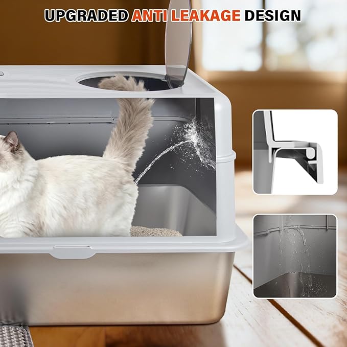 Extra Large Stainless Steel Litter Box with Lid, High Sided Enclosed Metal Cat Litter Box, Dog Proof Front Entry Top Exit, Odor Control, Easy to Clean, Leak Proof, Included Scoop & Mat