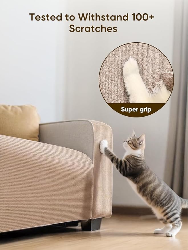 Cat Scratch Mat Furniture Protector, Eco-Friendly DIY Trimmable Self-Adhesive Cat Scratching Pad, Couch Wall Sofa Guard, Reusable Claw Scratching Protector 78.7"x15.8" (Beige)