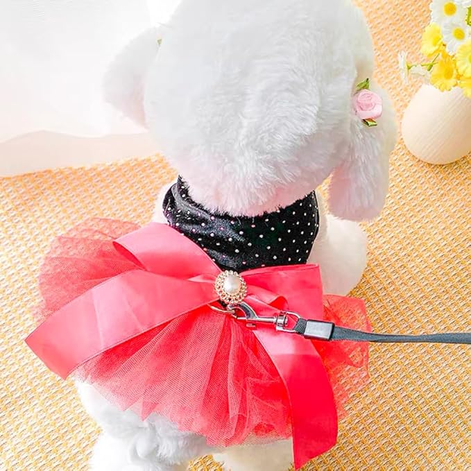 Black Polka Dot Dog Dress with D-Ring, Puppy Wedding Attire for Small Dog Girl,Cat Birthday Outfit, Red Tutu Party Dress for Kitten Chihuahua Yorkie Pomeranian (Black, Small)