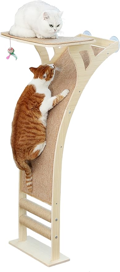 Cat Window Perch with Scratcher Ramp, 48" Climbing Tree Suctions Cups to Window Maximum Hold Up to 45lb, Wood Kitty Bed for Small Window (Drilling-Free)