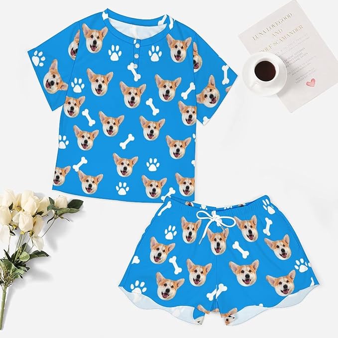 D-Story Custom Short Pajama Set with Pet Face Personalized Photo Sleepwear 2 Pieces Pjs Nightwear Xmas Gift for Women