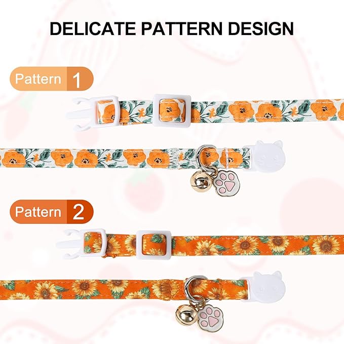 Unique Style Paws Fall Kitten Collar,2 Pack Orange Cat Collar with Sunflower Pattern,Breakaway Cat Collar with Bell,Cute Paw Pendant,Ideal Gift for Boy Girl Cats,Pet Supplies Accessories