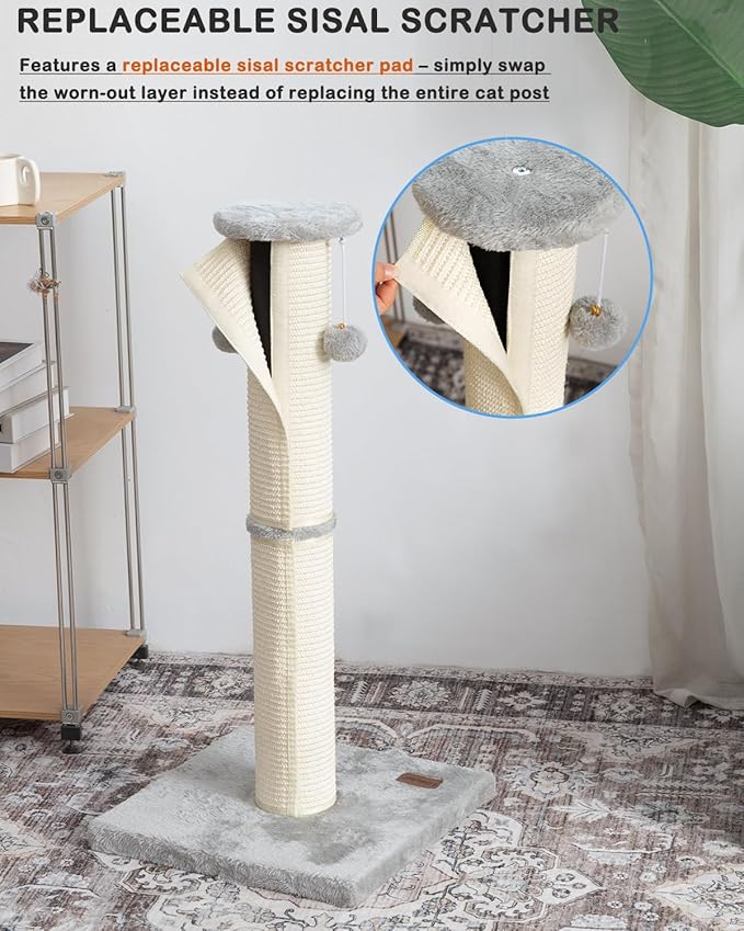 Kilodor Cat Scratching Post 34 Inches Large Sturdy Cat Post with Replaceable Sisal Scratcher and Hanging Ball Scratching Post for Indoor Cats Adult Grey