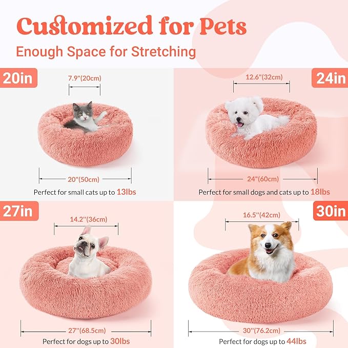 rabbitgoo Calming Dog Bed for Small Medium, 30 inches Pet Bed Machine Washable, Non-Slip Round Fluffy Plush Faux Fur Large Cat Cushion, Soft Donut Cuddler Cushion for Small Dogs, Pink