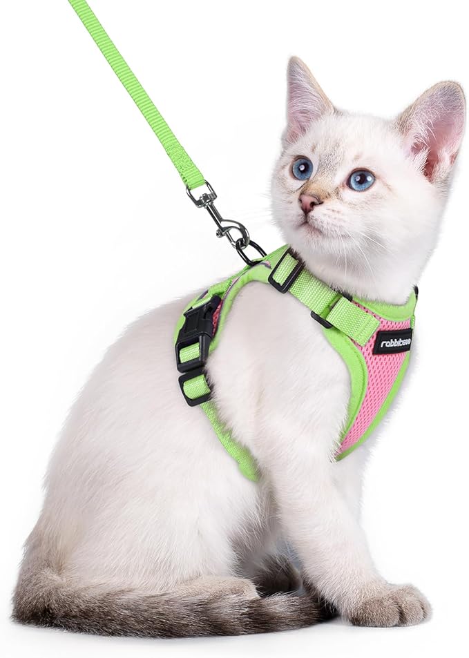 rabbitgoo Cat Harness and Leash Set, Escape Proof Soft Adjustable Vest Harnesses for Outdoor Walking, Easy Control Breathable Kitten Jacket with Reflective Strips, Pink & Light Green, XXS