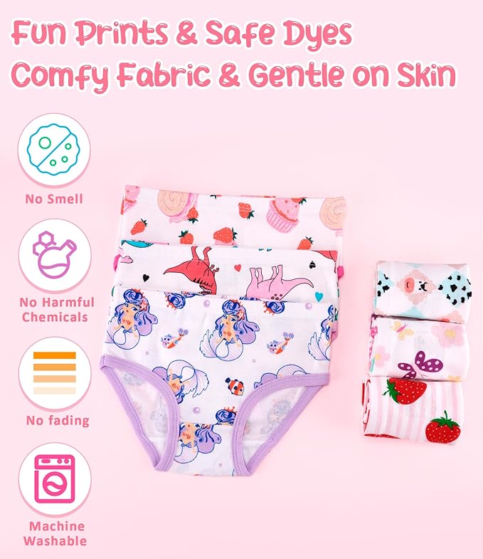 Girls and Toddlers 100% Cotton Underwear Tagless Soft Panties Size 2-3T,4-5T,6,8,10,12 (6-Pack)