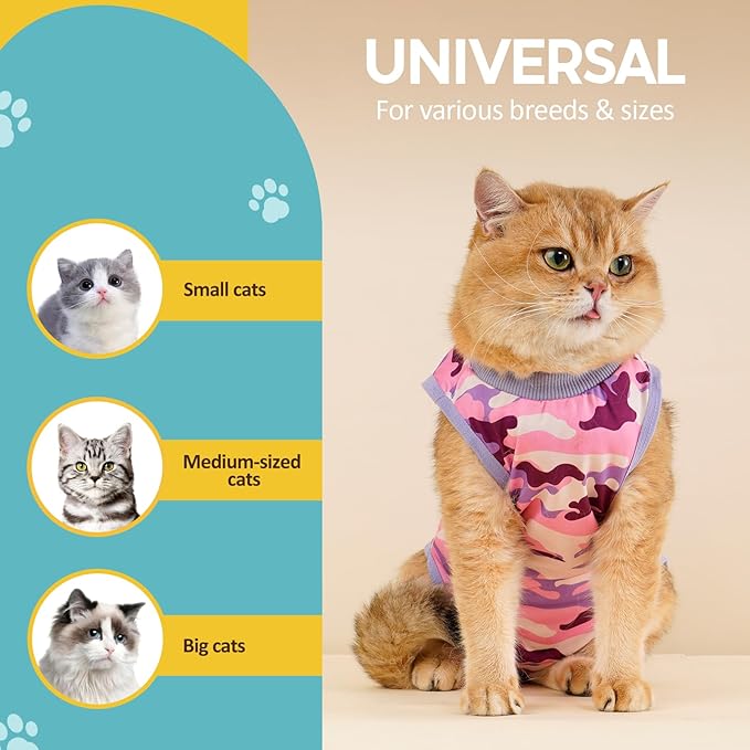 Avont Cat Recovery Suit - Kitten Onesie for Cats After Surgery, Cone of Shame Alternative Surgical Spay Suit for Female Cat, Post-Surgery or Skin Diseases Protection -Purplecamo(M+)