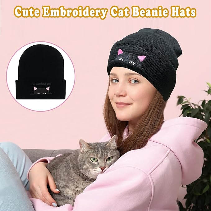Women’s Cat Beanie, Cute Animal Knitted Hats Cat Lovers Gifts, Funny Christmas Stocking Stuffers for Women Girls