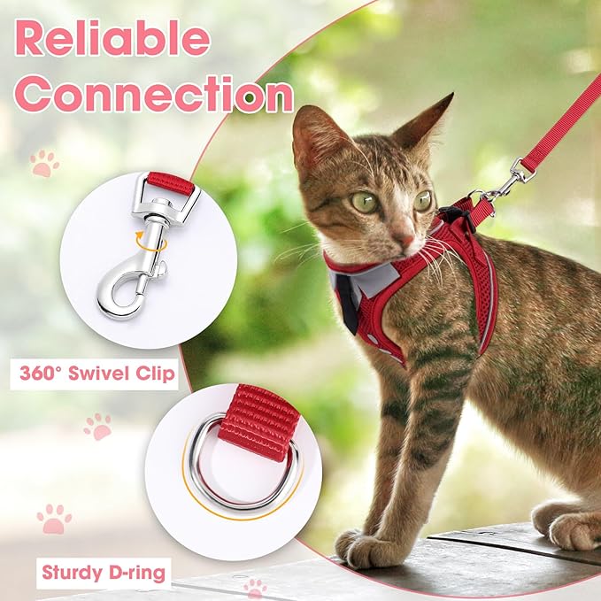 Cat Harness and Leash Set for Walking Escape Proof, Soft Adjustable Kitten Harness Breathable Mesh with Reflective Strips Harness for Kitty Puppy Bunny(Red,S)