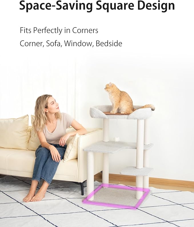 Cat Tree Tower Wooden 37.4''(95 cm), Large Cat Tree with Jump Platform & Play Ball for Indoor Cats, Ideal Cat's Climbing Frame & Playhouse (Linen Fabric Light Grey)