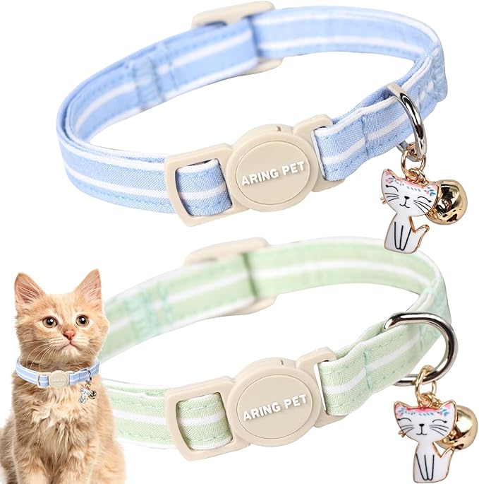 ARING PET 2 Pack Cat Collar-Cute Cotton Cat Collar Breakaway with Bell & Pendant, Adjustable Blue Green Striped Kitten Collars with Safety Buckle for Girl and Boy Pets