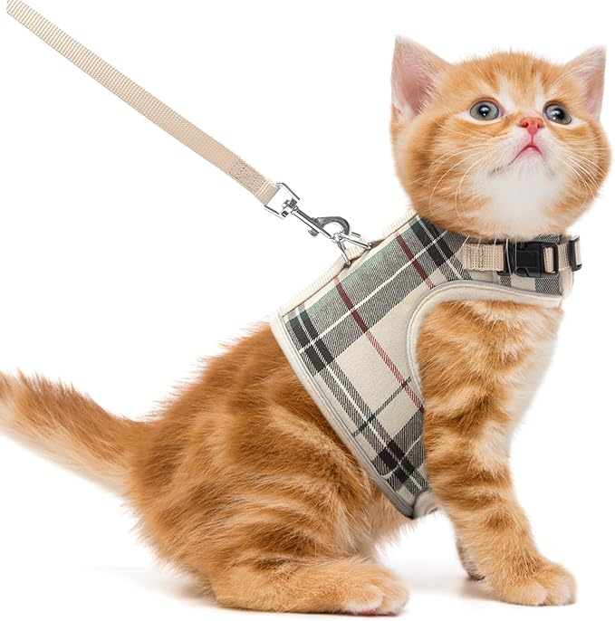 PUPTECK Soft Mesh Cat Vest Harness and Leash Set Puppy Padded Pet Harnesses Escape Proof for Cats Small Dogs Rabbits Bunny, Plaid Beige, M