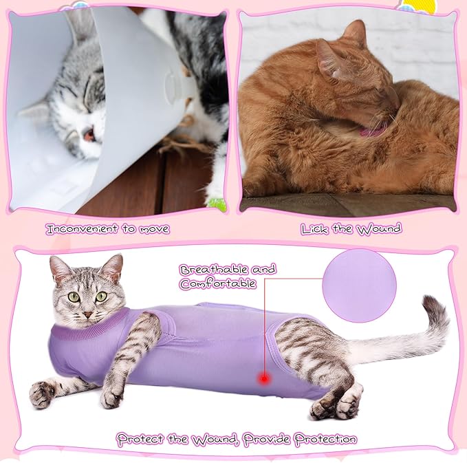 Nuanchu 3 Pieces Cat Recovery Suit Kitten Recovery Suit E-Collar Alternative for Cats and Dogs Abdominal Skin Anti Licking Pajama Clothes Sets (Medium,Solid Style,Purple Pink Blue)