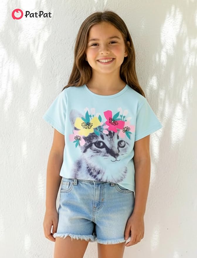 PATPAT Girls Crewneck Short Sleeve Graphic Tees Animal Print Shirts Cute Summer Outfits 5-12 Years