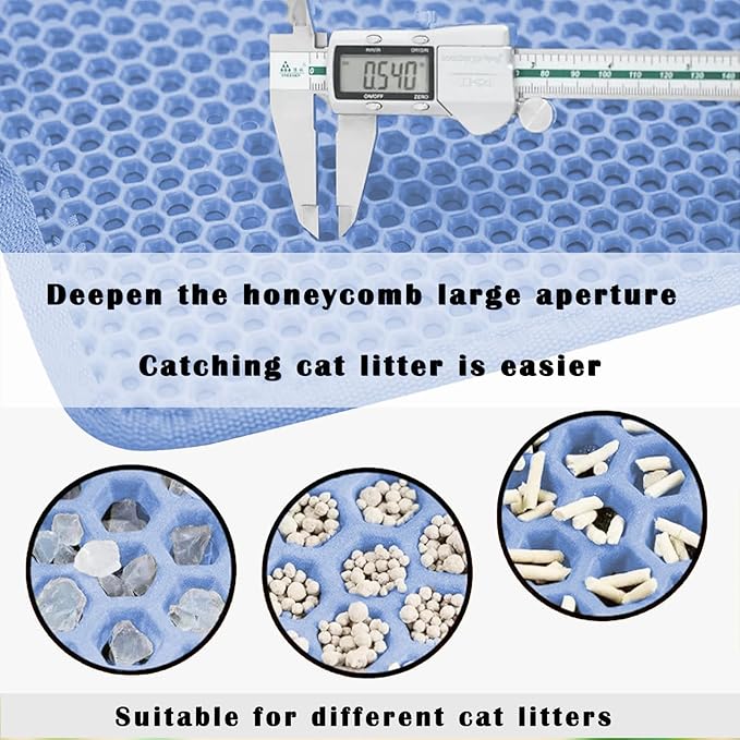 HCY&WLD Cat Litter Mat, Honeycomb Double Layer Cat Litter Trapping Mat, Waterproof Urine Proof Non-Slip, Scatter Control, Less Waste, Easier to Clean (Blue, 45" X 26")