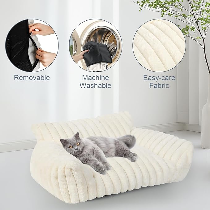 Cute Cat Couch Bed for Indoor Cats, Fluffy Pet Cat Sofa with Premium Soft Corduroy Fleece, Cute Small Dog Beds for Small Dogs, Fuzzy Puppy Chair with Removable Washable Cover (30x20x10,Cream)