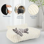Cute Cat Couch Bed for Indoor Cats, Fluffy Pet Cat Sofa with Premium Soft Corduroy Fleece, Cute Small Dog Beds for Small Dogs, Fuzzy Puppy Chair with Removable Washable Cover (24x18x10,Cream)