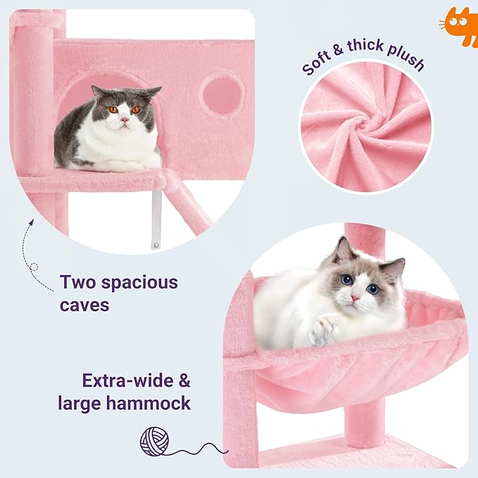 Allewie 81 Inches Tall Cat Tree/Multi-Level Large Climbing Tree House and Towers for Big Feline/Condo and Hammock/Scratching Post/Wide Base/Pink