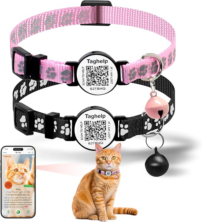 Peace of Mind Cat Collar 2-Pack: QR Code Tag with Permanent Online ID + Breakaway Reflective Collar, Scan for Immediate Contact if Lost (Pink & Black)