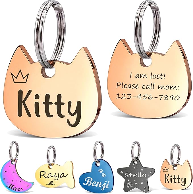 Anavia Small Size Dog Cat ID Tags, Small/XS Personalized Color Plated Stainless Steel Puppy Kitten Name Tags, Customized Engraved Nameplate Pet Collar Tag (Rose Gold, Cat Head)