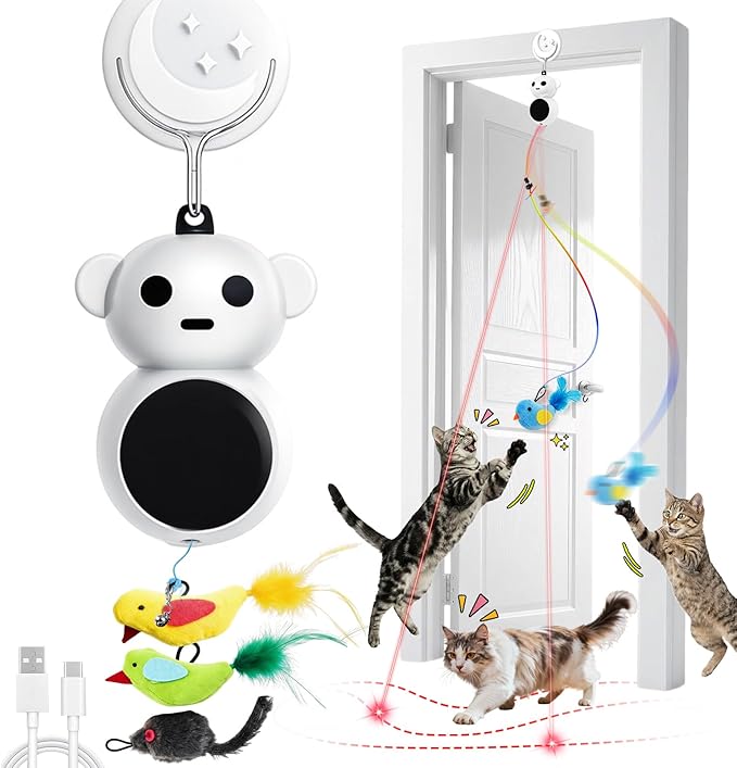 Interactive Cat Toys for Indoor Cats: 2 in 1 Laser Pointer Cat Toy with Automatic Flying Bird & Mouse Wand, Smart Motion Mode Adjustable Speed, USB Rechargeable Safe for Bored Kittens and Adult Cats