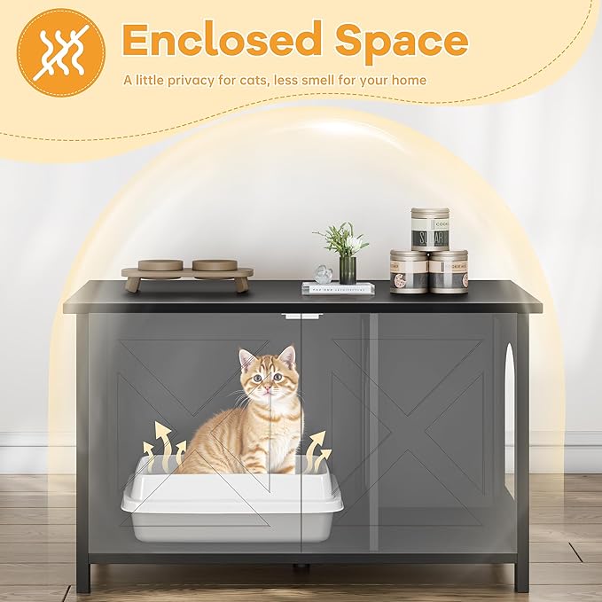 Shintenchi Cat Littler Box Enclosure, Litter Box Furniture Hidden with Removable Divider, Cat House with End Table, Black, 31.5 inch