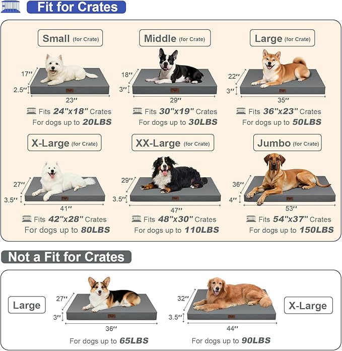 Outdoor Extra Large Dog Crate Bed, XXL Waterproof Dog Bed for Giant Breeds Dogs, 47x29 Inch Orthopedic Egg Crate Foam Pet Mat with Removable Cooling Cover, Grey