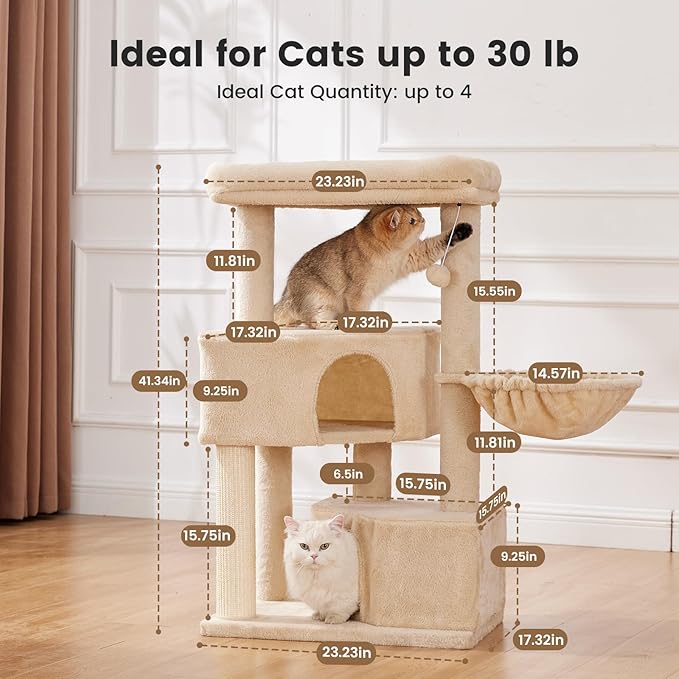 Gardner Pet 41" Tall Cat Tree for Large Cats, Heavy Duty Cat Trees Tower with 3.2in Posts & Washable Top Perches & Replaceable Natural Sisal