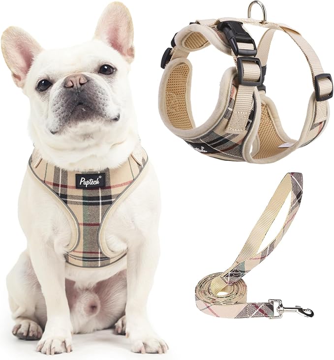 PUPTECK Soft Mesh Dog Harness and Leash Set Pet Puppy Cat Adjustable Reflective Padded Vest No Pull Harnesses, Beige, L