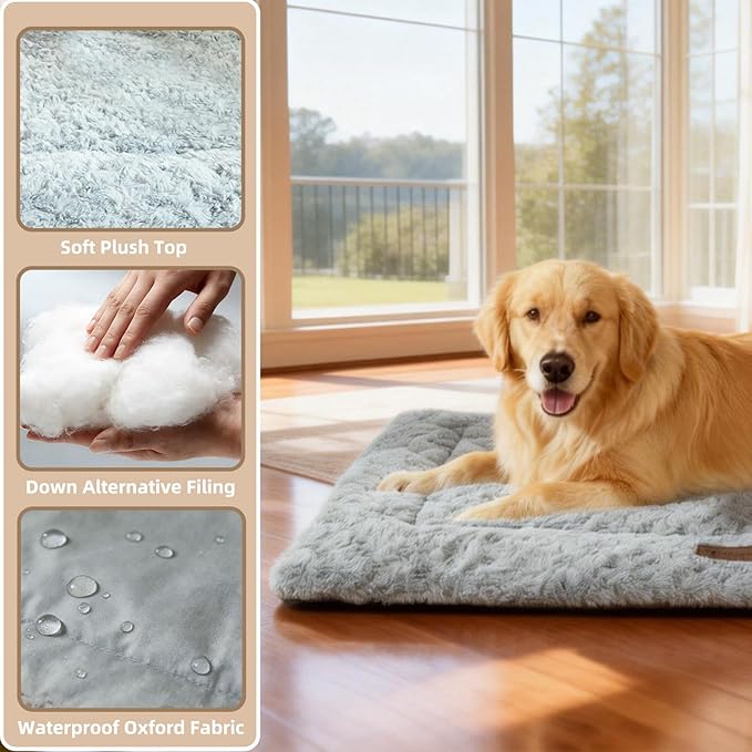 Reversible Dog Bed Mat 47"x29" for Medium Dogs - Supportive Double-Sided Crate Pad, All-Season Cooling & Warmth, Ultra Soft Machine Washable Pet Bed, Fits Most 48-Inch Kennels, Light Grey