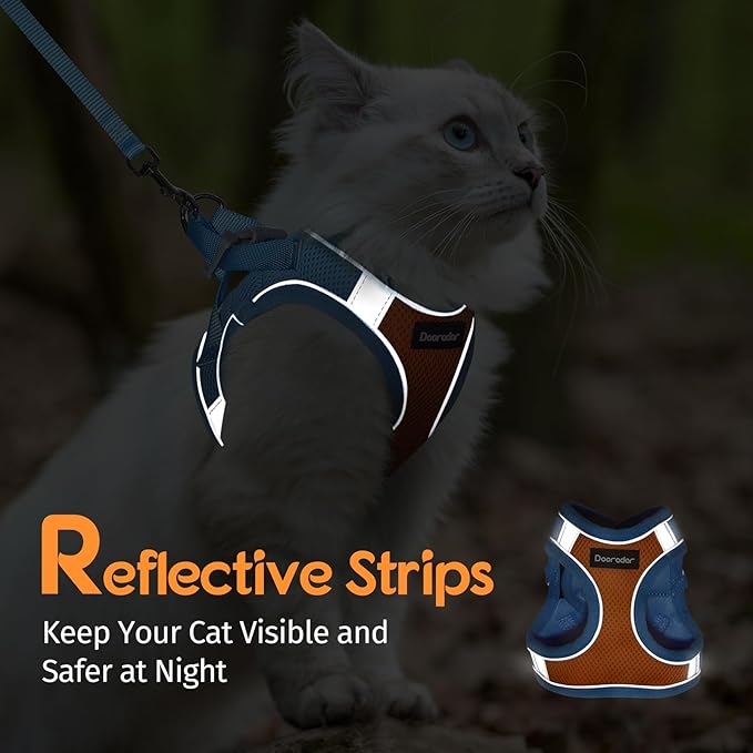 Dooradar Cat Harness and Leash Set, Escape Proof Lightweight Kitten Harness, Soft Breathable Reflective Vest for Outdoor Walking Traveling, Adjustable for Medium Cats, Orange & Blue, M