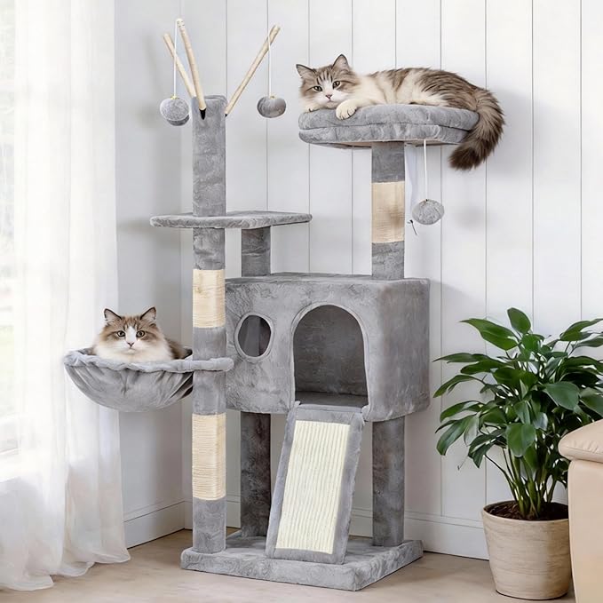 Hey-brother Cat Tree Tower, Scratching Posts with Removable Toys, Cozy Condo, Platform, Hammock, Sisal Scratch Board and Ball for Indoor Kittens, 41.3 Inches, Light Gray MPJ008SW
