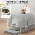 Stainless Steel Cat Litter Box with Lid, 180° Flip-Top XL Extra Large Enclosed Litter Box, Covered Metal High Sided Litter Pan with Steps & Scoop, Easy Cleaning, Odor Control, Non-Sticky-Grey