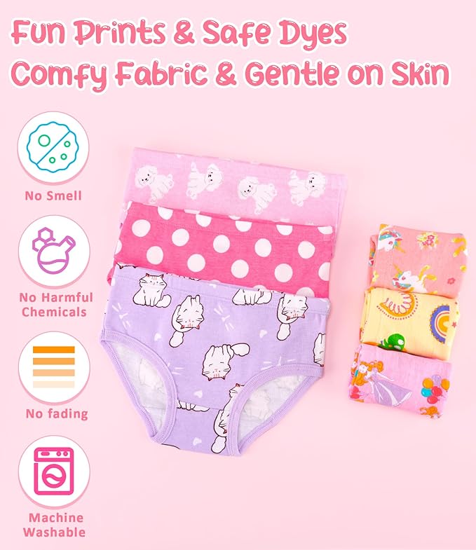 Girls and Toddlers 100% Cotton Underwear Tagless Soft Panties Size 2-3T,4-5T,6,8,10,12 (6-Pack)