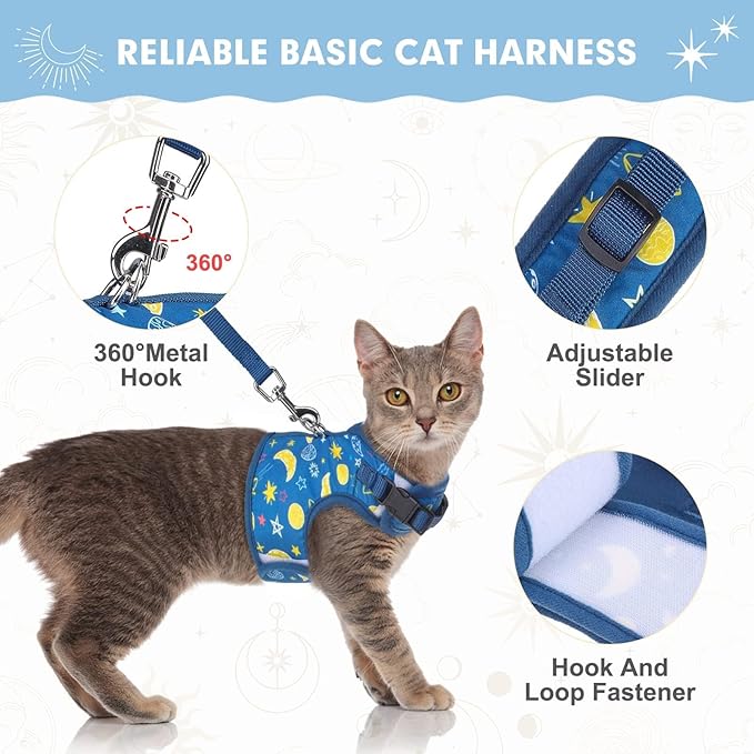 BINGPET Cat Harness with Leash Escape Proof - Fashionable Mesh Cat Dog Walking Harness Leads, Adjustable for Kitties Puppies Small Animals,Galaxy,XL