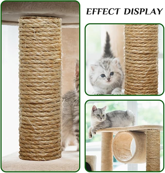 Natural Sisal Rope 1/4 Inch by 32-Feet for Cat Scratching Post Tree Tower Replacement Repair and Replace, DIY Hemp Twine Rope for Kittens Shelves Furniture Window Bed Perch House, 6mm by 10m
