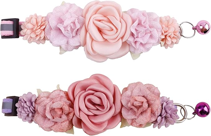 2 Pack Cat Collar Pink Floral with Bell and Removable Flower Bowtie Breakaway Adjustable Cat Collar for Girl Kitten Puppy Small Cats Dogs Daily Decoration (XQ10-8)